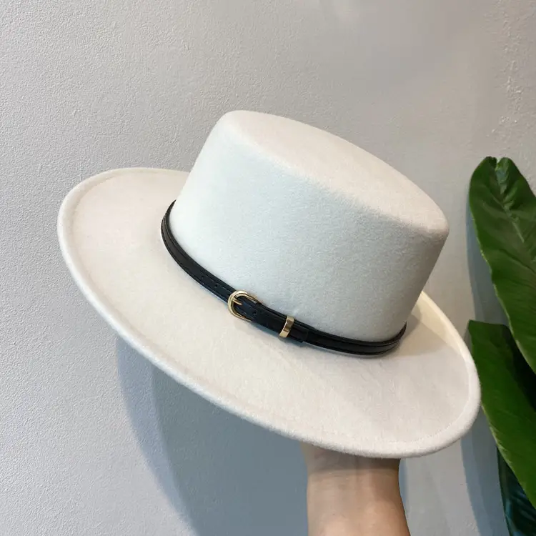 British European Belt Flat Top Hat Men Women Woolen Black Wide Brim Retro