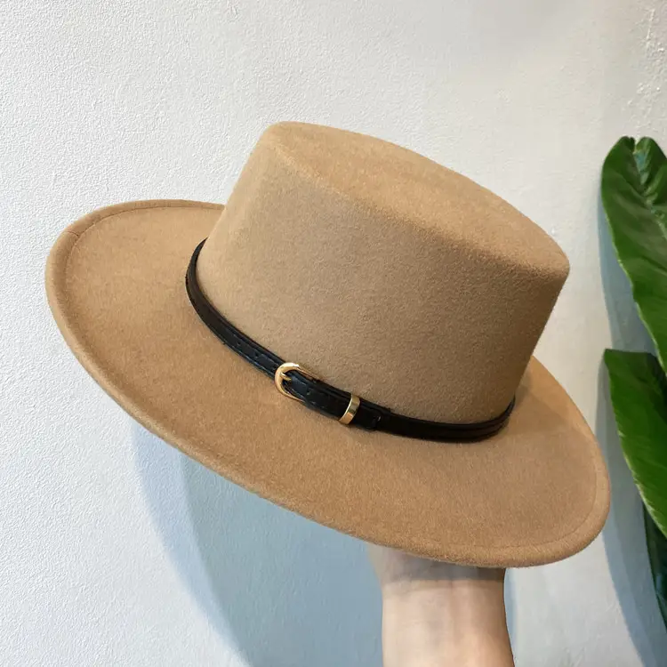 British European Belt Flat Top Hat Men Women Woolen Black Wide Brim Retro