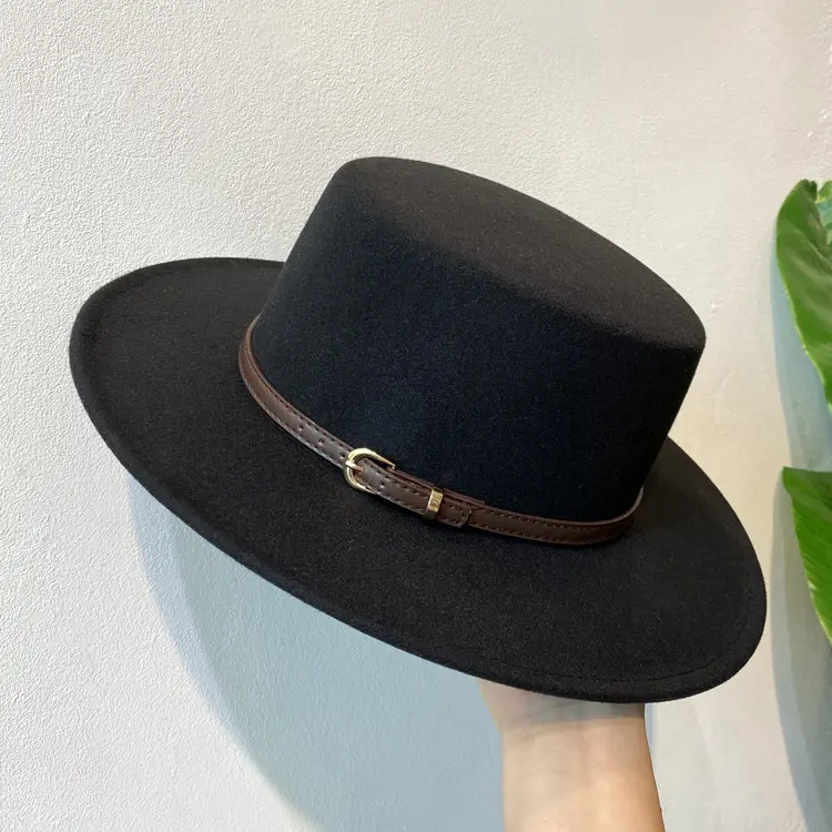 British European Belt Flat Top Hat Men Women Woolen Black Wide Brim Retro