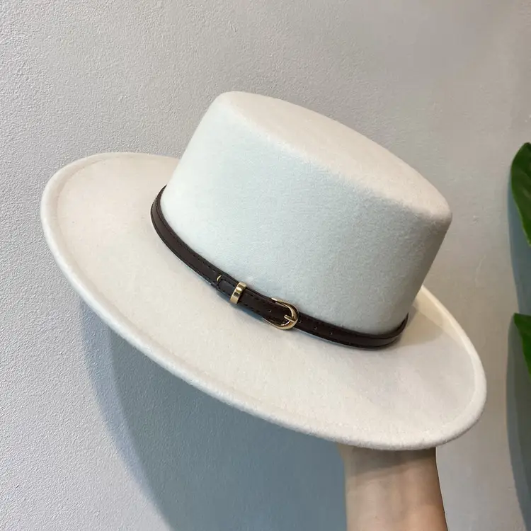 British European Belt Flat Top Hat Men Women Woolen Black Wide Brim Retro