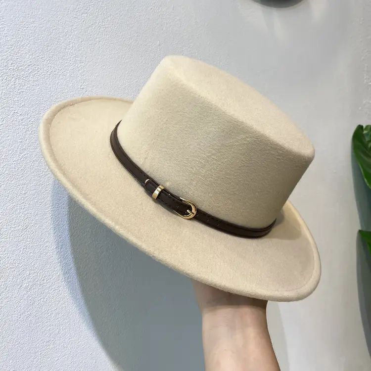 British European Belt Flat Top Hat Men Women Woolen Black Wide Brim Retro