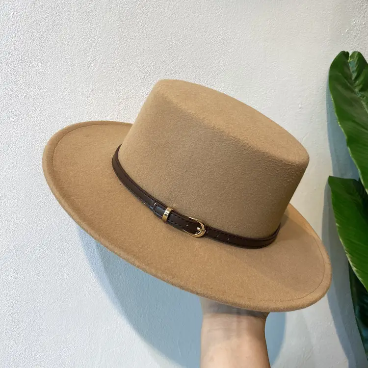 British European Belt Flat Top Hat Men Women Woolen Black Wide Brim Retro