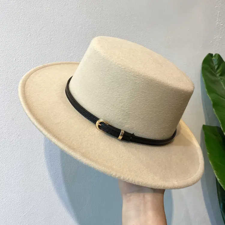 British European Belt Flat Top Hat Men Women Woolen Black Wide Brim Retro
