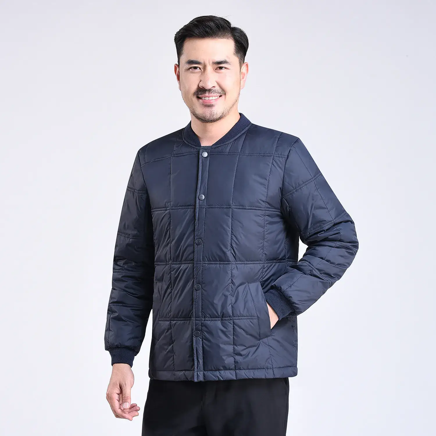 Men's Navy Blue Down Jacket with Stand Collar - Image 5