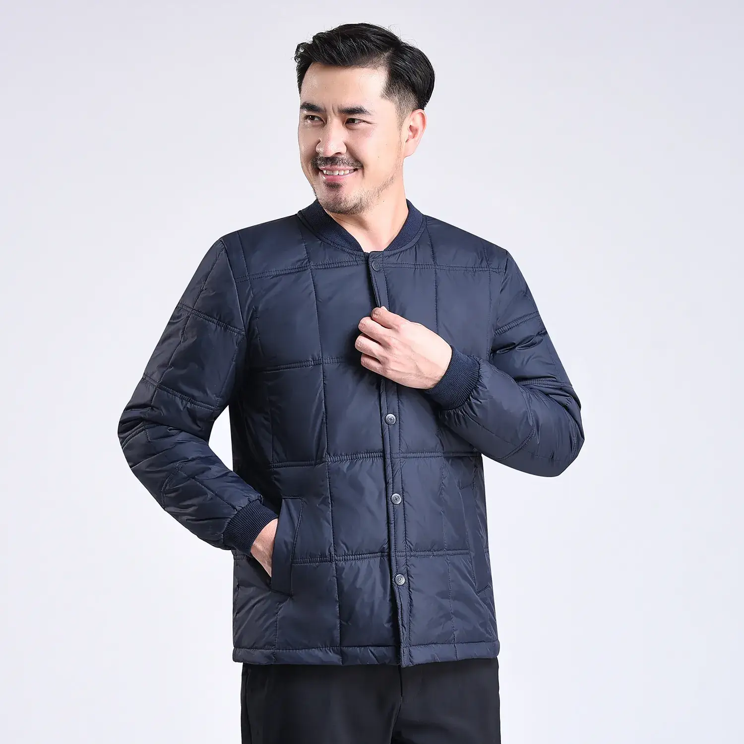 Men's Navy Blue Down Jacket with Stand Collar - Image 3