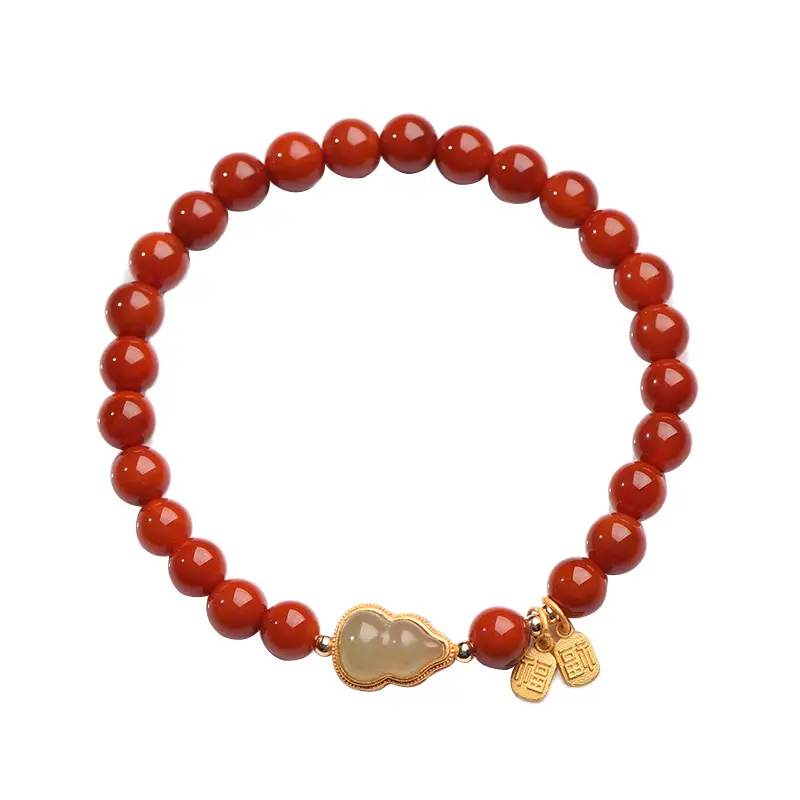 New South Red Agate Bracelet Fidelity Hetian Jade Gold Inlay Gourd Jade Beaded - Image 6
