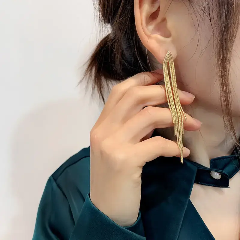 Geometric Metal Earrings for Women Long Tassel Design - Image 4