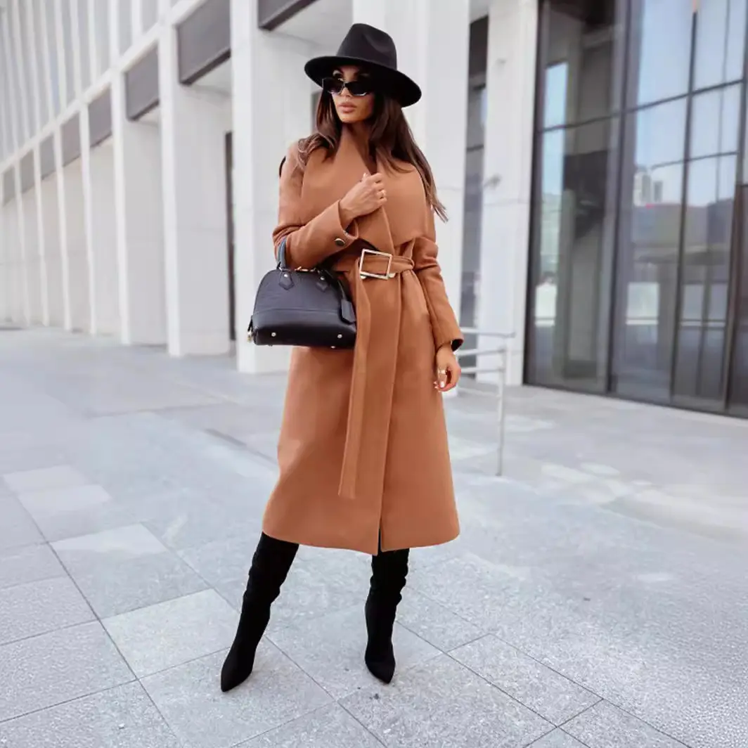 Women Wool Coat Button V Collar Strap 2022 Autumn Winter - Image 4