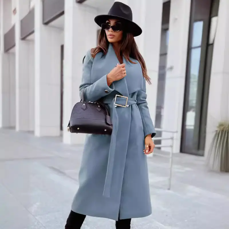 Women Wool Coat Button V Collar Strap 2022 Autumn Winter - Image 5