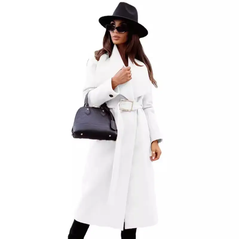 Women Wool Coat Button V Collar Strap 2022 Autumn Winter - Image 6