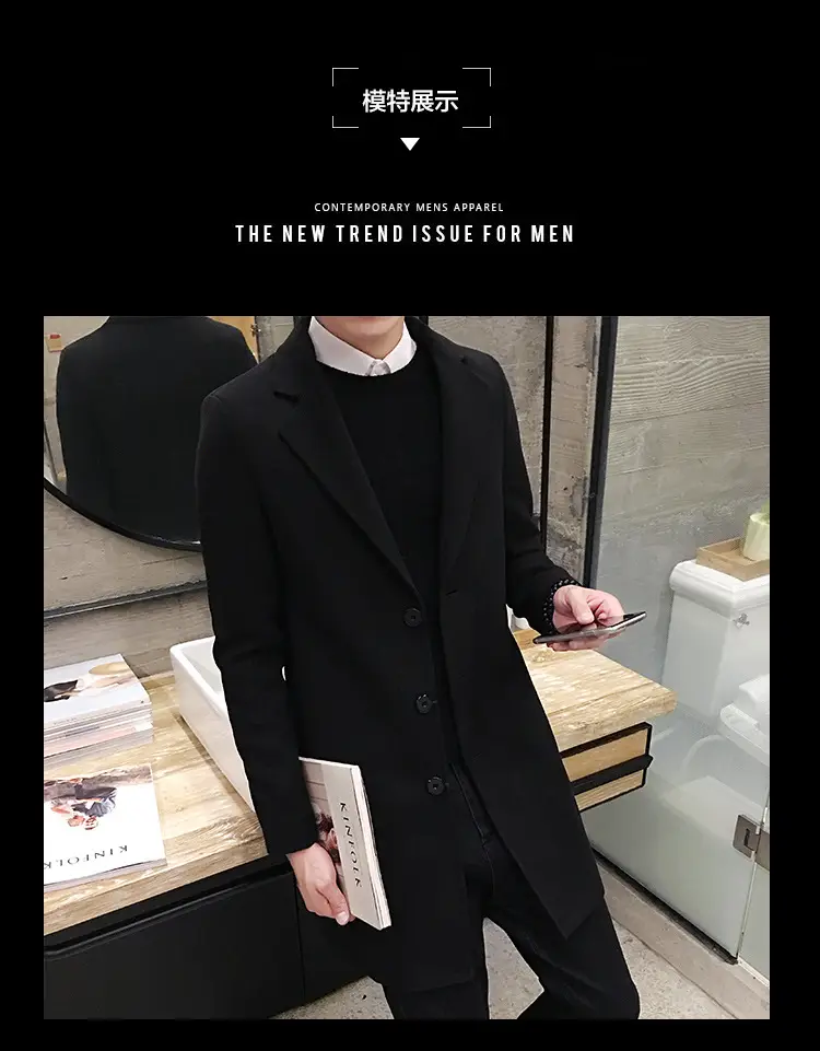 Men's Korean Slim Fit Woolen Coat Winter Gray — feature 4