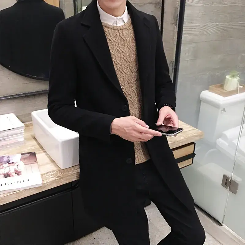 Men's Korean Slim Fit Woolen Coat Winter Gray - Image 2