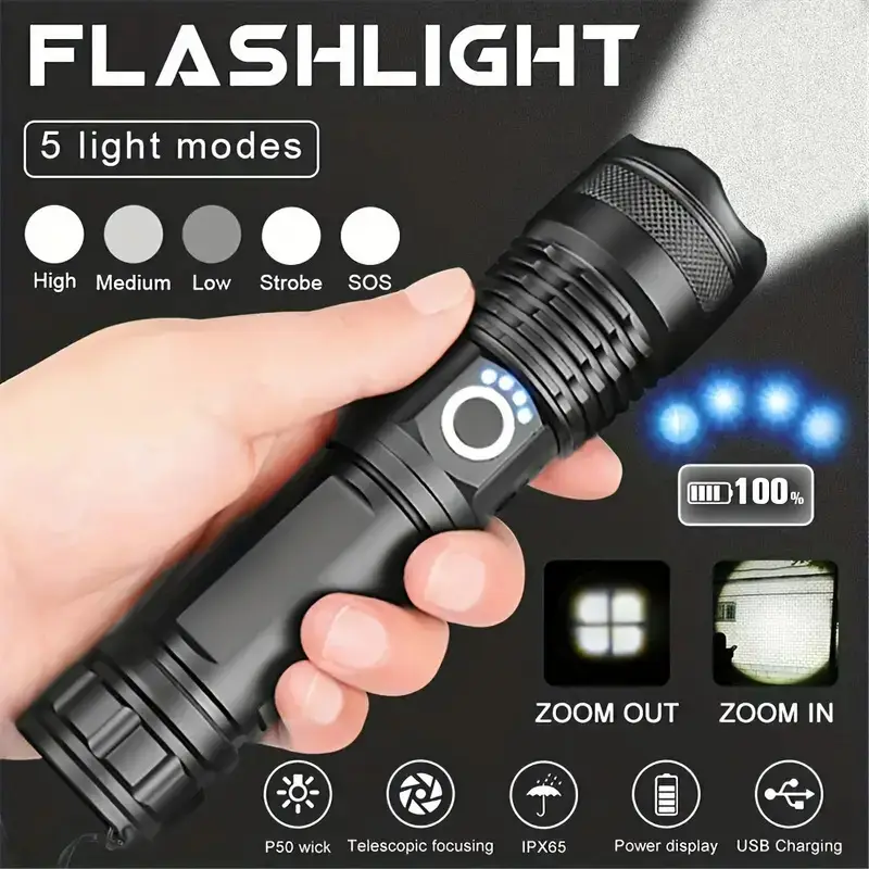 Rechargeable Zoom Flashlight with USB Charging & 3 LED Meters - Image 3