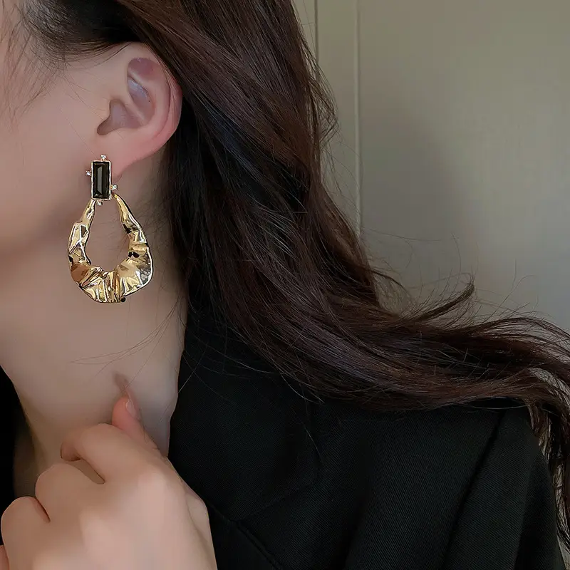 Geometric Rhinestone Drop Earrings Gold Plated - Image 3