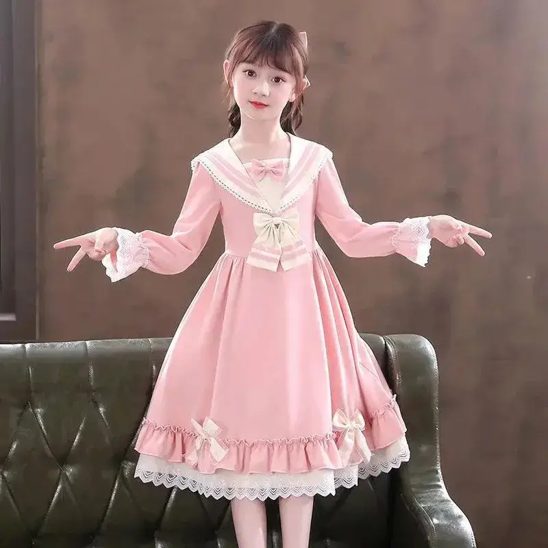 Girls' Pink Lace Long Sleeve School Dress Large - Image 7
