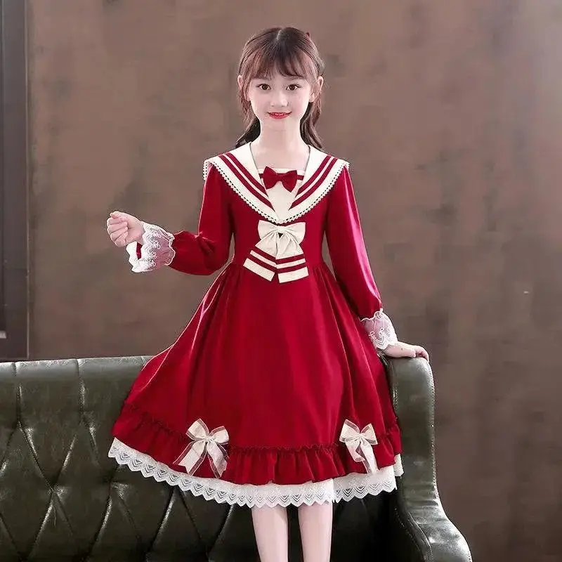 Girls' Pink Lace Long Sleeve School Dress Large - Image 2