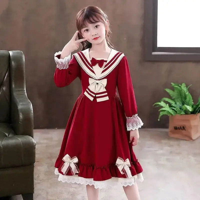 Girls' Pink Lace Long Sleeve School Dress Large - Image 4