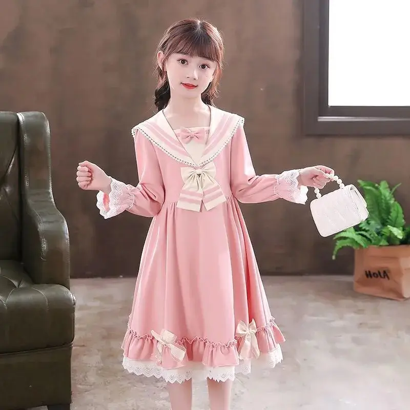 Girls' Pink Lace Long Sleeve School Dress Large - Image 5