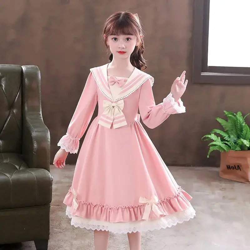 Girls' Pink Lace Long Sleeve School Dress Large - Image 6