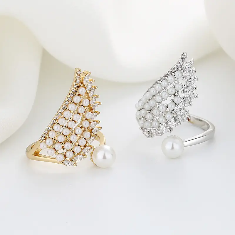Korean Style Pearl Wing Open Ring Adjustable Gold