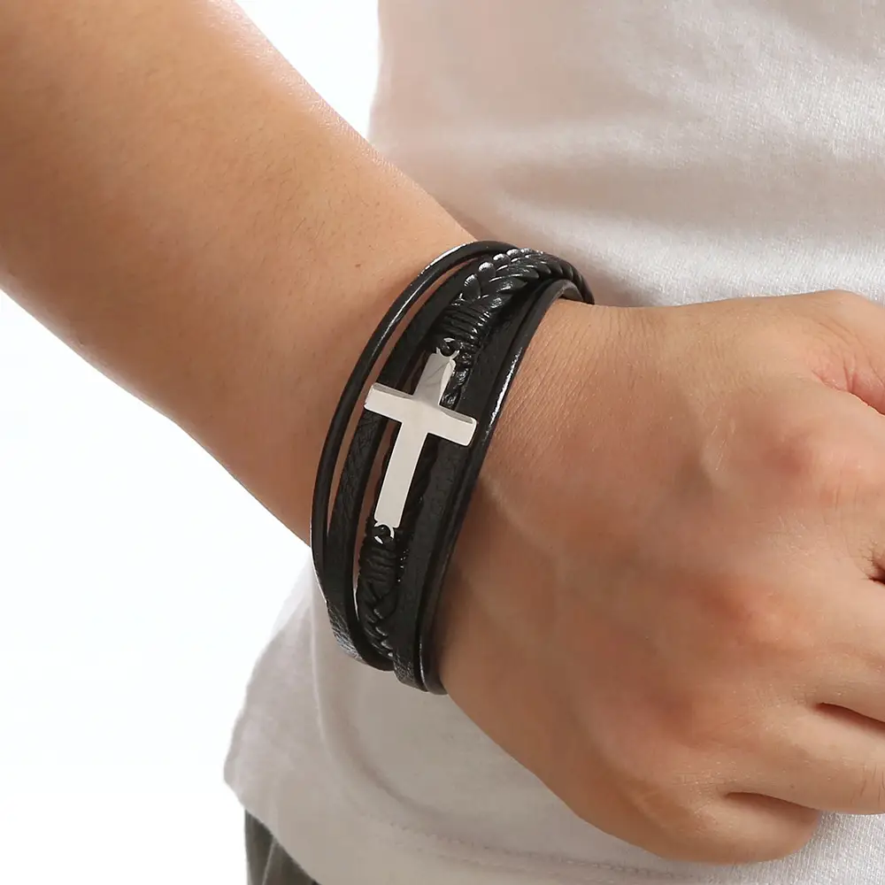 Men's Black Cross Bracelet Titanium Steel European American Multi Layer Woven Leather - Image 6