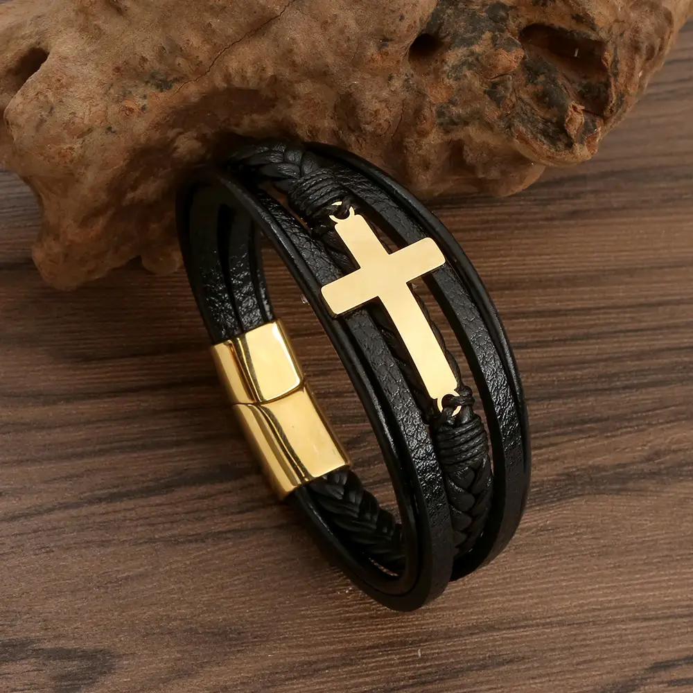 Men's Black Cross Bracelet Titanium Steel European American Multi Layer Woven Leather - Image 7