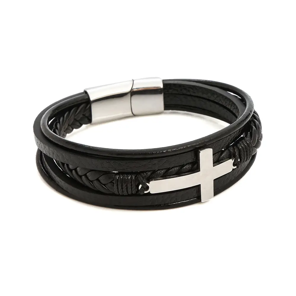 Men's Black Cross Bracelet Titanium Steel European American Multi Layer Woven Leather - Image 9