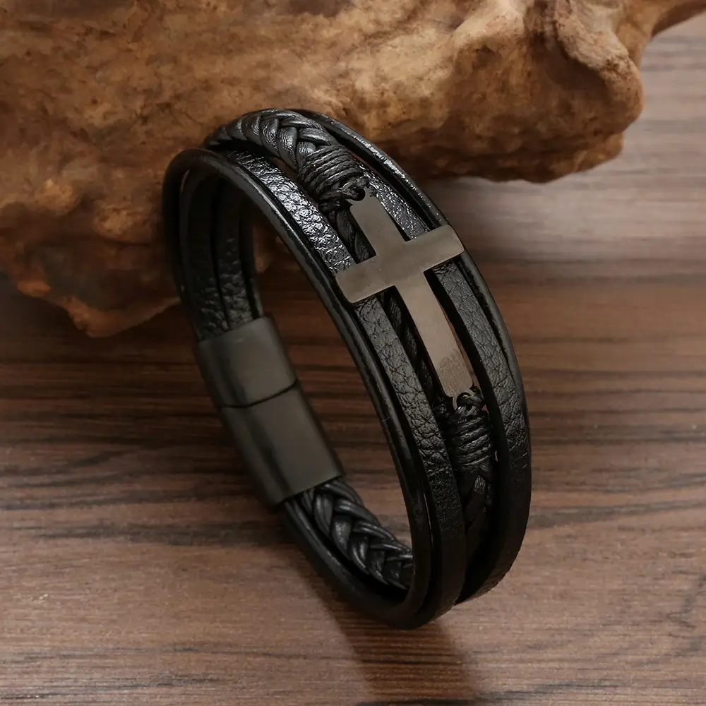 Men's Black Cross Bracelet Titanium Steel European American Multi Layer Woven Leather - Image 2
