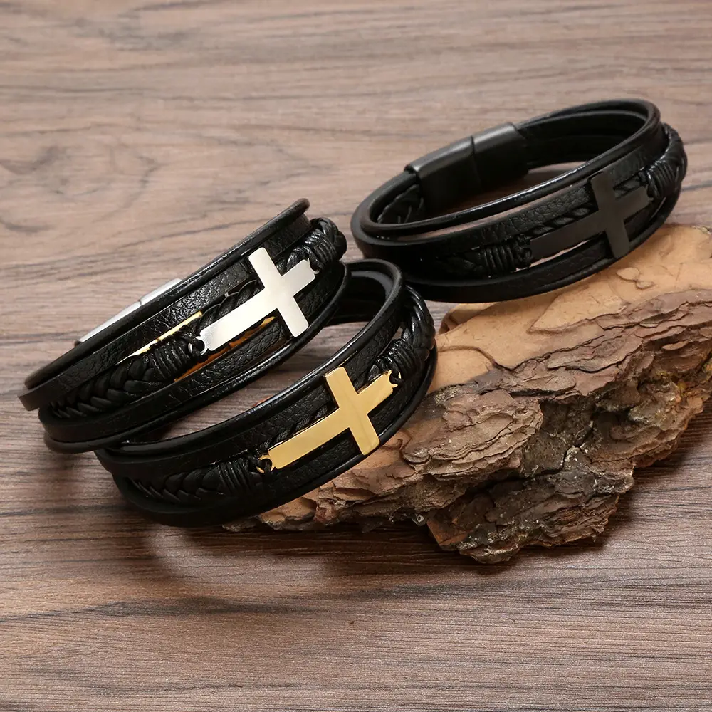 Men's Black Cross Bracelet Titanium Steel European American Multi Layer Woven Leather - Image 4
