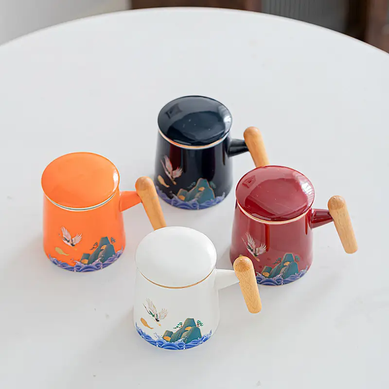 National Tide Ceramic Tea Cup with Lid and Wooden Handle