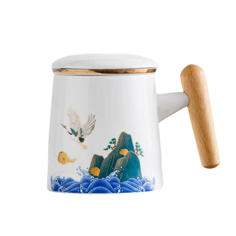 National Tide Ceramic Tea Cup with Lid and Wooden Handle