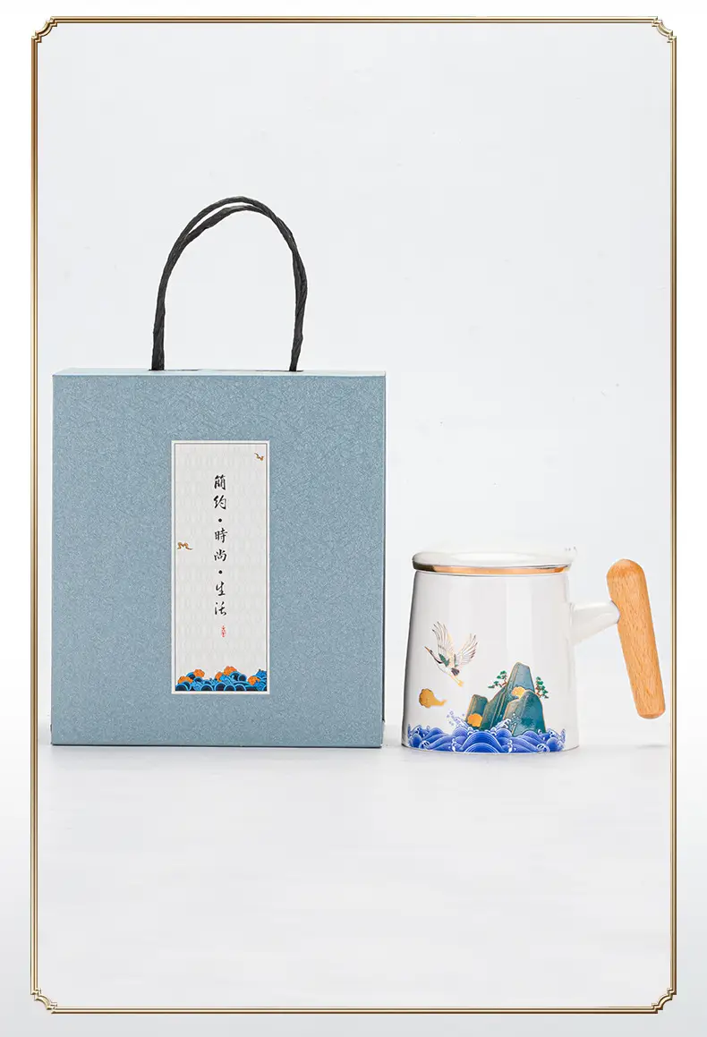 National Tide Ceramic Tea Cup with Lid and Wooden Handle — feature 10