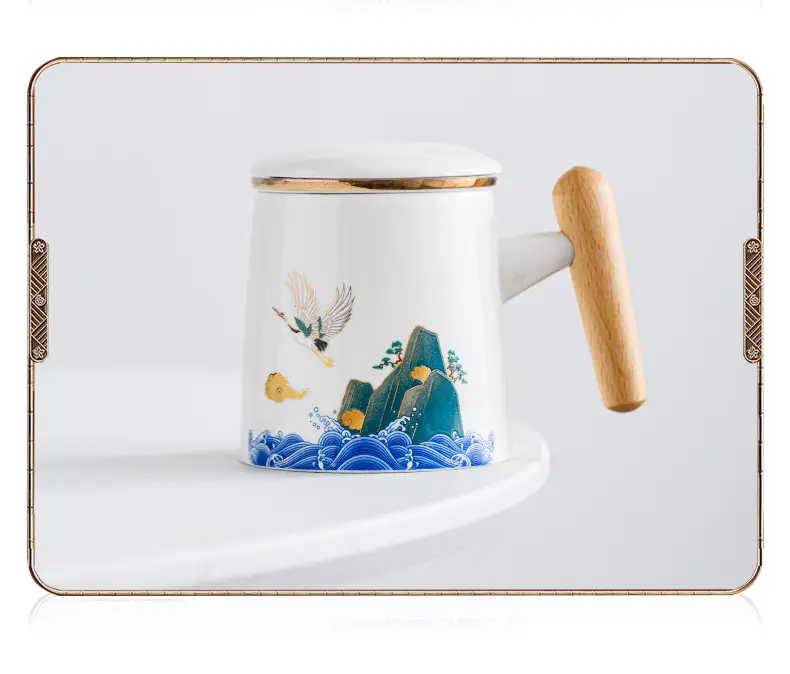 National Tide Ceramic Tea Cup with Lid and Wooden Handle — feature 16