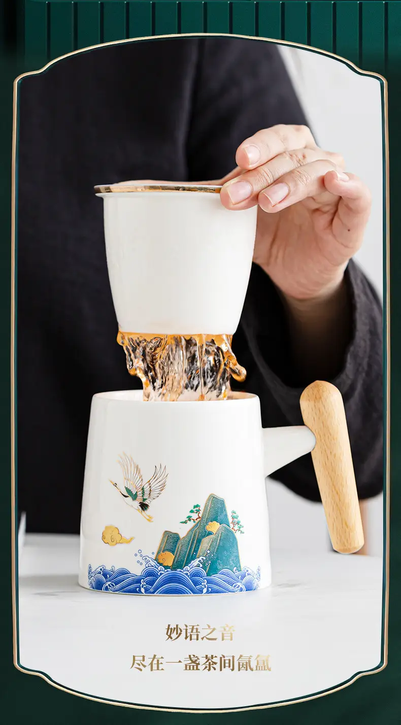National Tide Ceramic Tea Cup with Lid and Wooden Handle — feature 4
