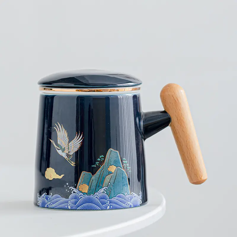 National Tide Ceramic Tea Cup with Lid and Wooden Handle