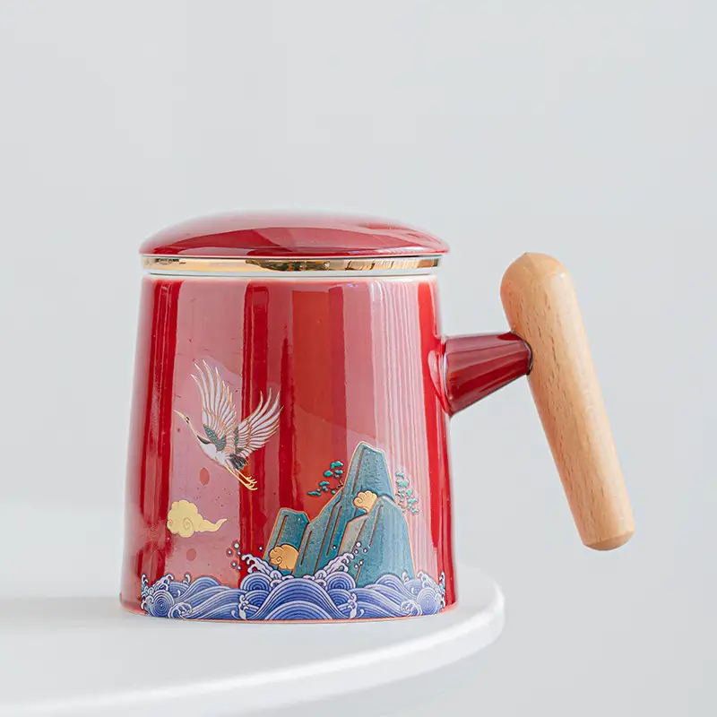 National Tide Ceramic Tea Cup with Lid and Wooden Handle