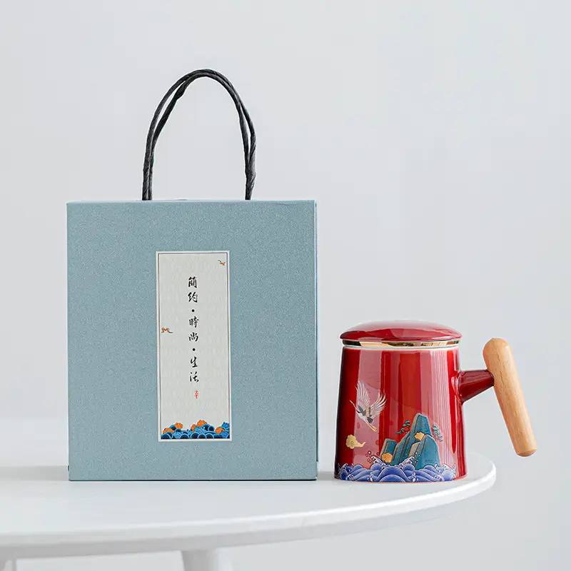 National Tide Ceramic Tea Cup with Lid and Wooden Handle