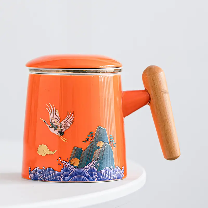 National Tide Ceramic Tea Cup with Lid and Wooden Handle