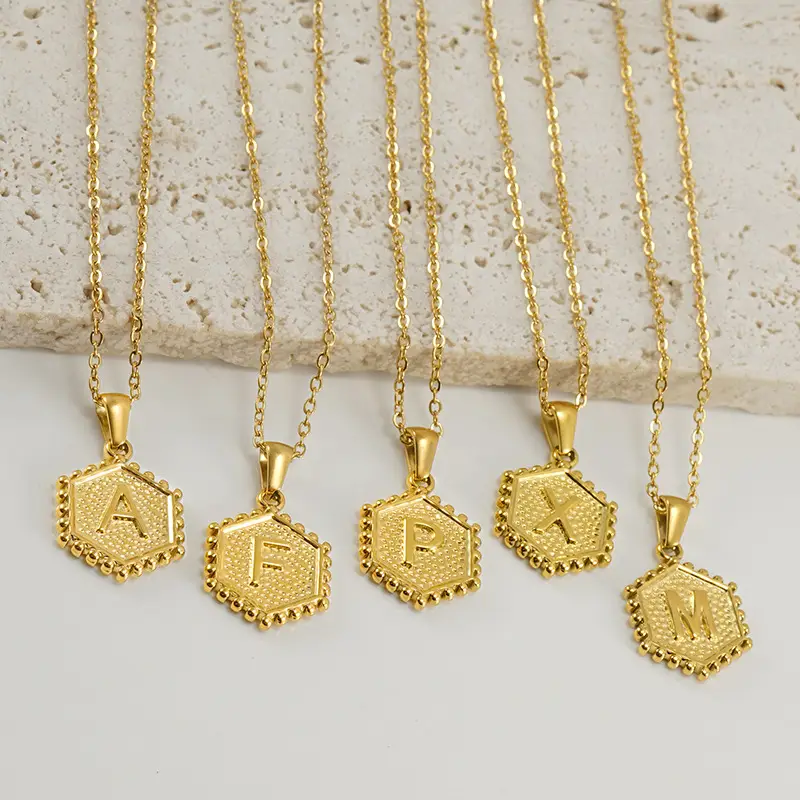 Gold Hexagonal Letter Pendant Necklace for Women - Image 28