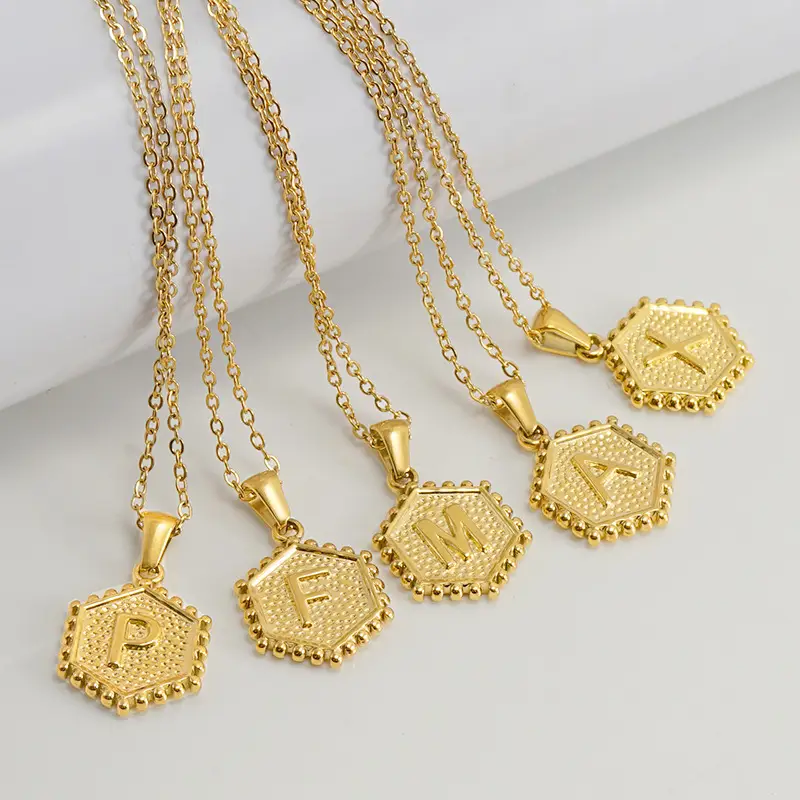 Gold Hexagonal Letter Pendant Necklace for Women - Image 29