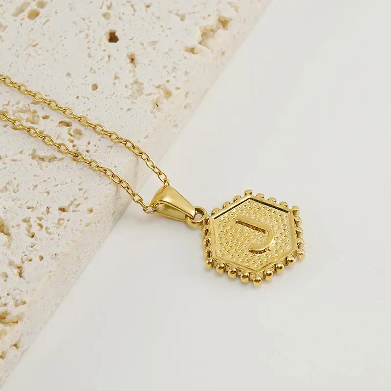 Gold Hexagonal Letter Pendant Necklace for Women - Image 10