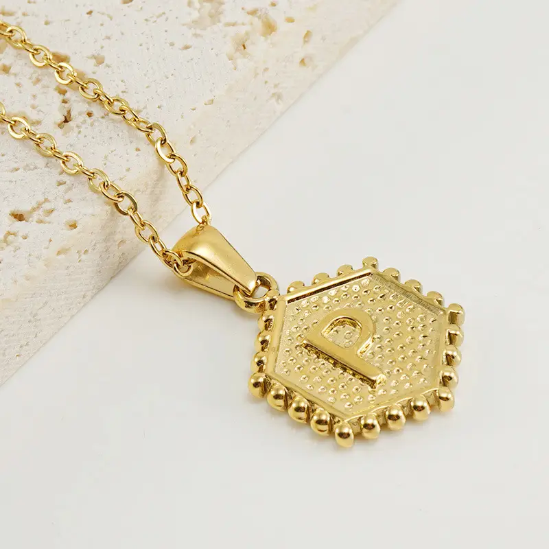 Gold Hexagonal Letter Pendant Necklace for Women - Image 16