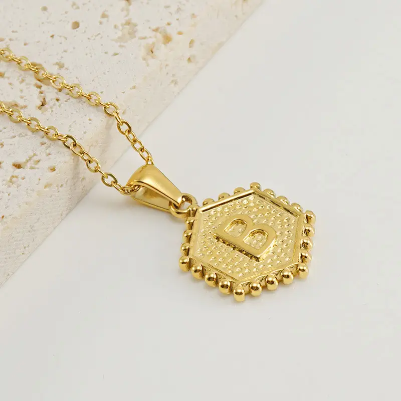 Gold Hexagonal Letter Pendant Necklace for Women - Image 2