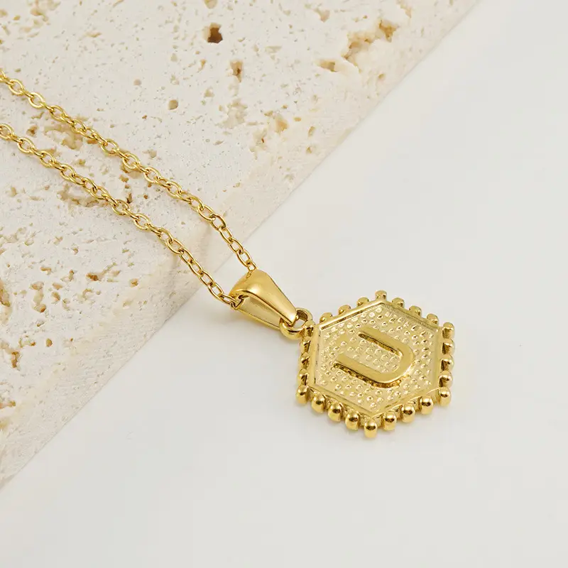 Gold Hexagonal Letter Pendant Necklace for Women - Image 21