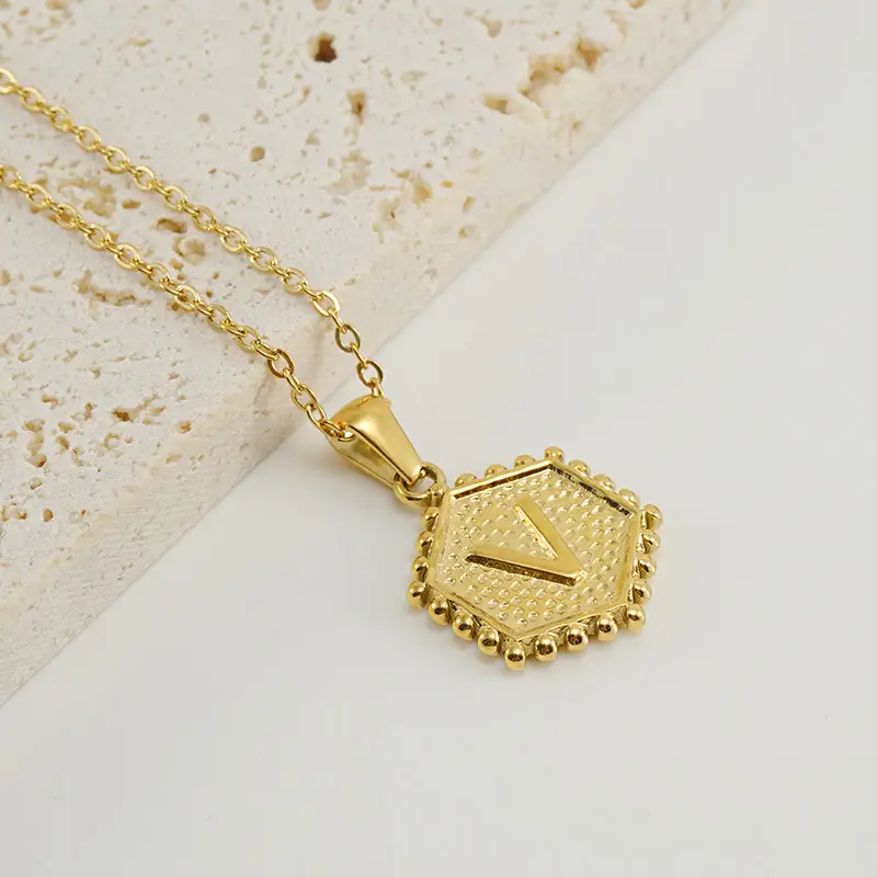Gold Hexagonal Letter Pendant Necklace for Women - Image 22