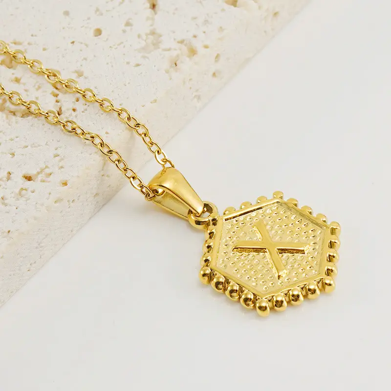 Gold Hexagonal Letter Pendant Necklace for Women - Image 24