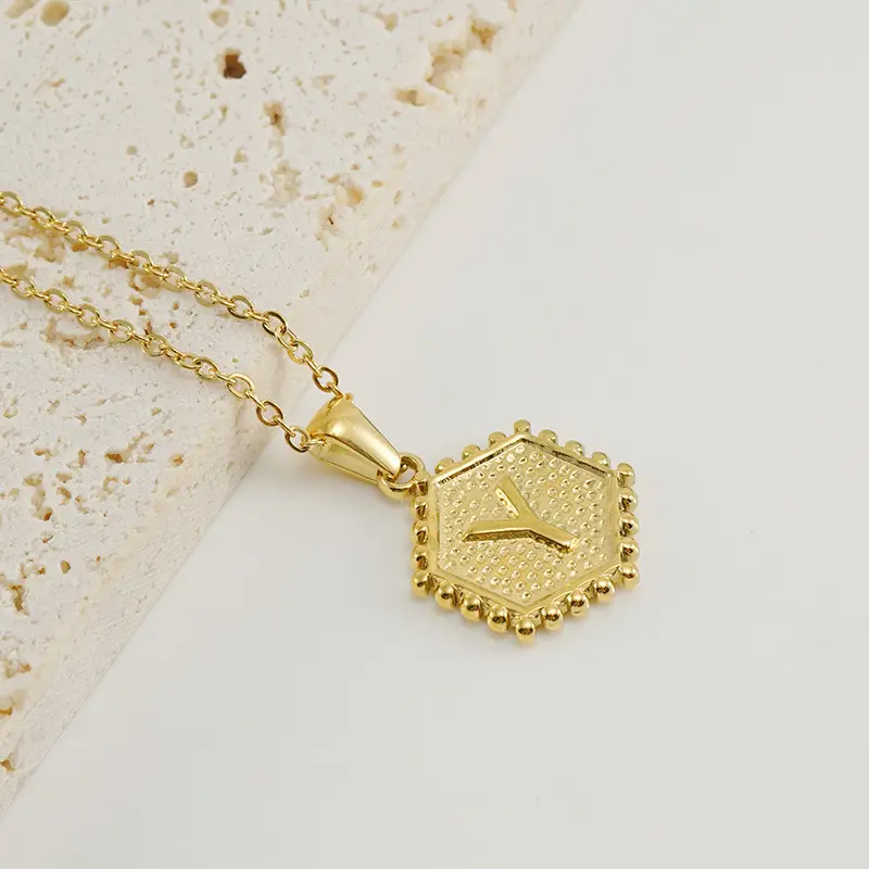 Gold Hexagonal Letter Pendant Necklace for Women - Image 25