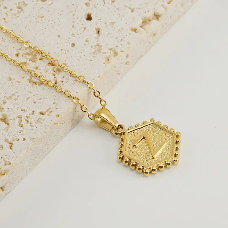 Gold Hexagonal Letter Pendant Necklace for Women - Image 26