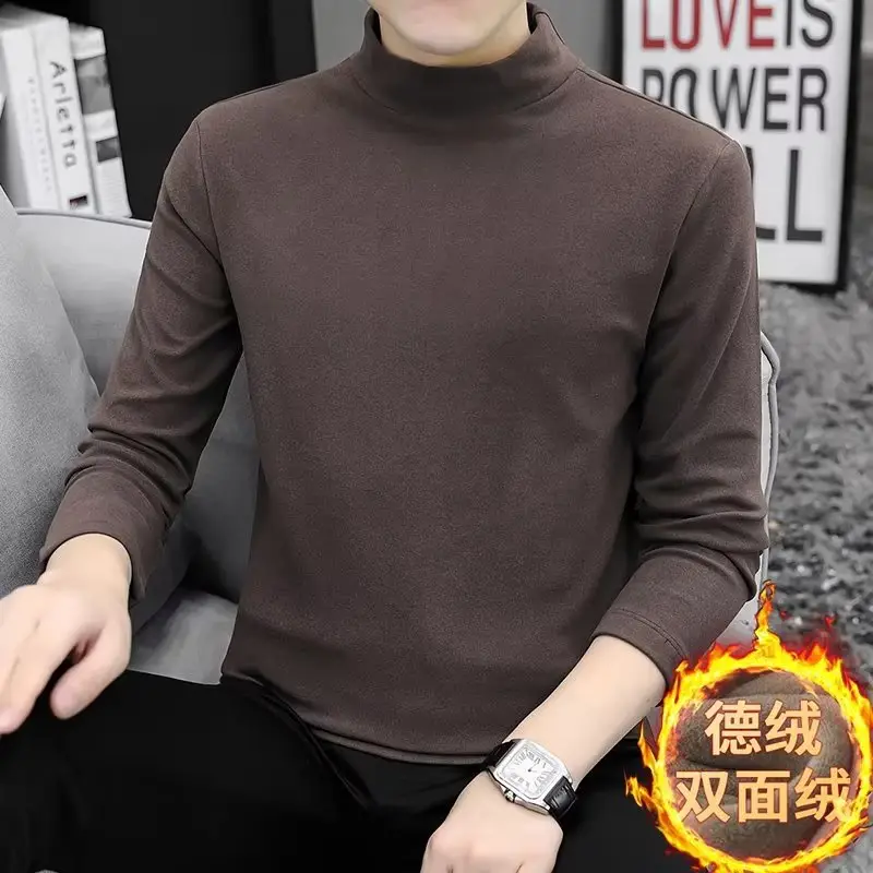 Men's Half Turtleneck Velvet T-Shirt Brown Slim Fit - Image 9