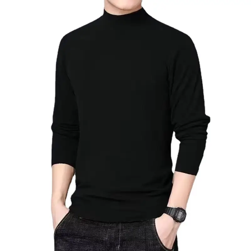Men's Half Turtleneck Velvet T-Shirt Brown Slim Fit - Image 12